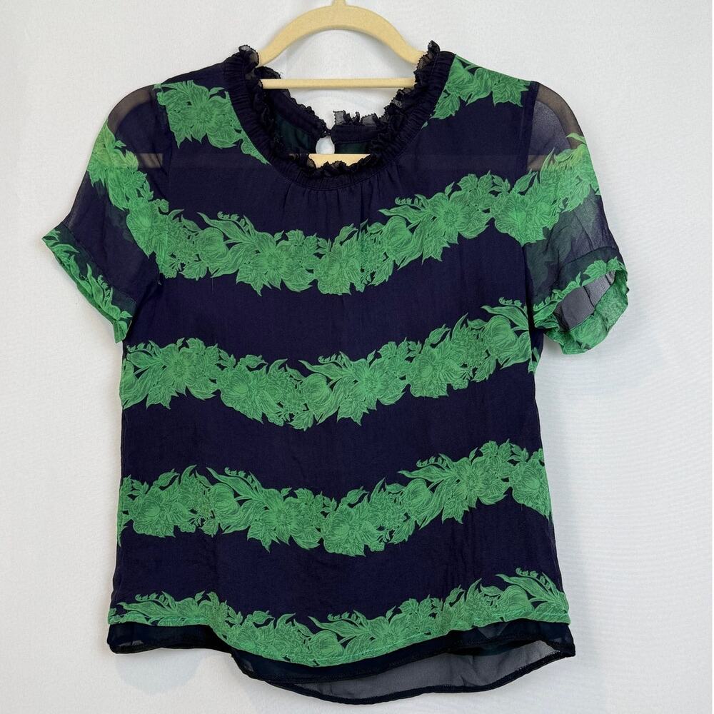 J. Crew 100% Silk Navy Green Floral Ruffle Neck Blouse Size 6